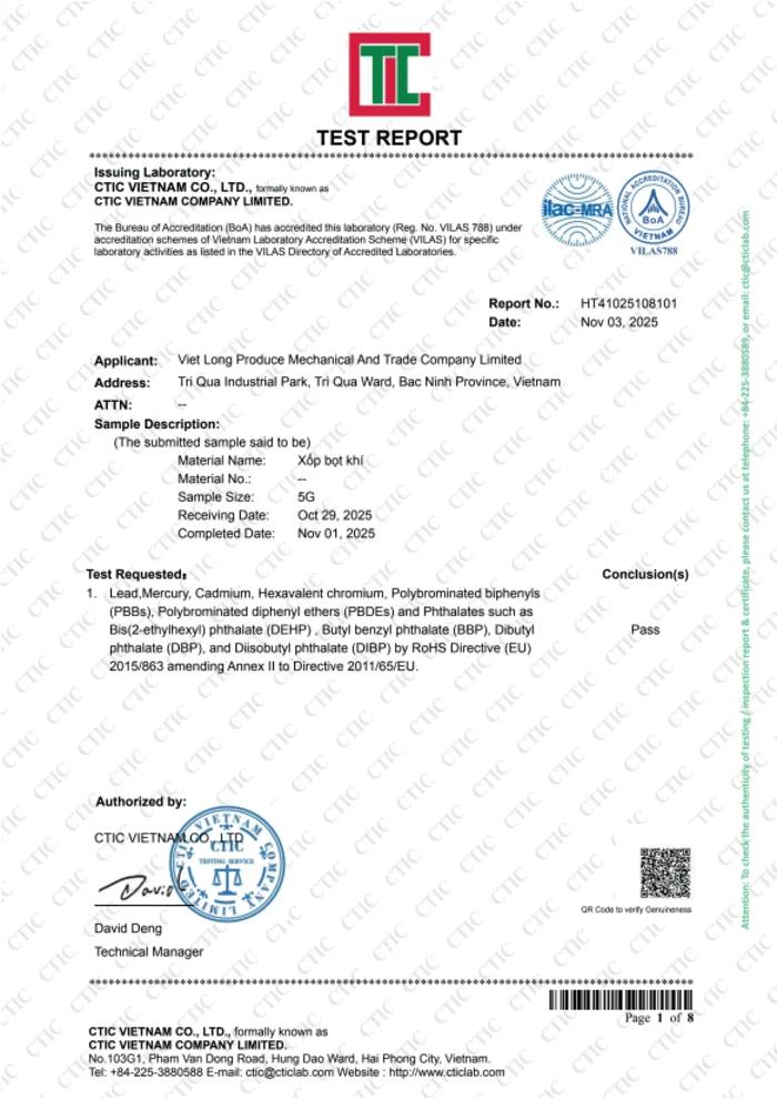 Chứng chỉ Test Report (CTIC) của Việt Long